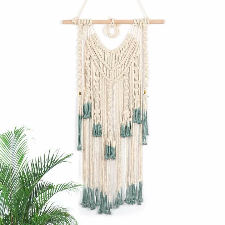Tapisserie murale tissée en macramé vert et beige Olivenorma
