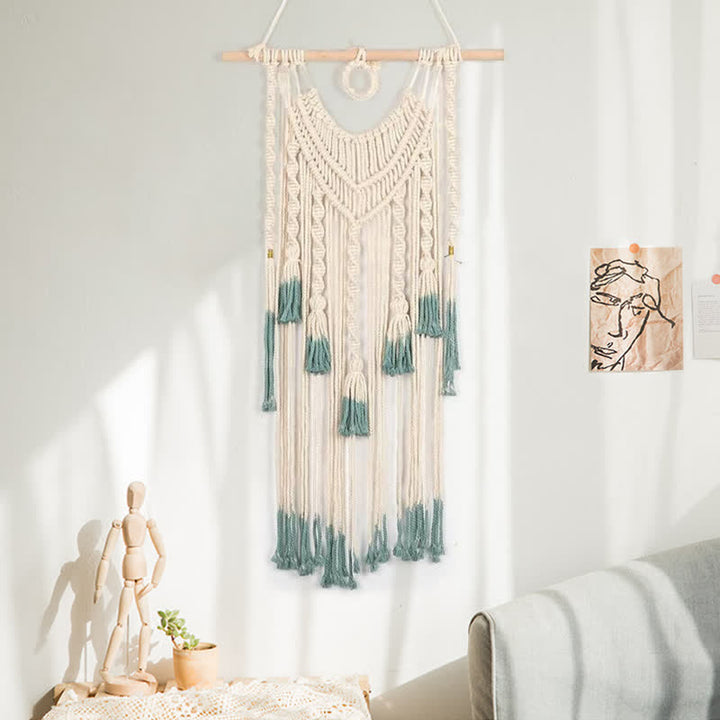Tapisserie murale tissée en macramé vert et beige Olivenorma