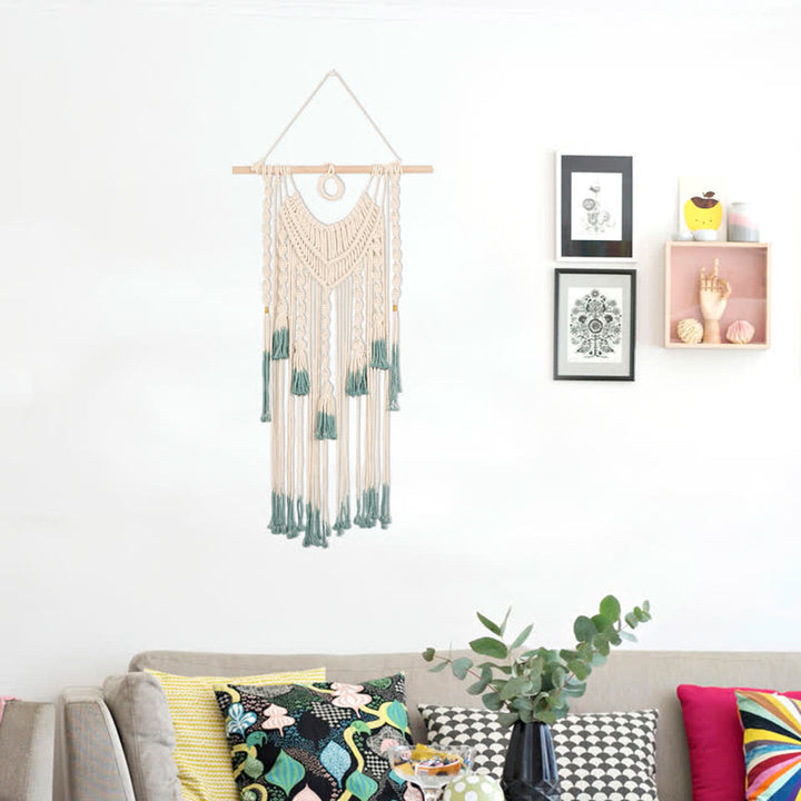 Tapisserie murale tissée en macramé vert et beige Olivenorma