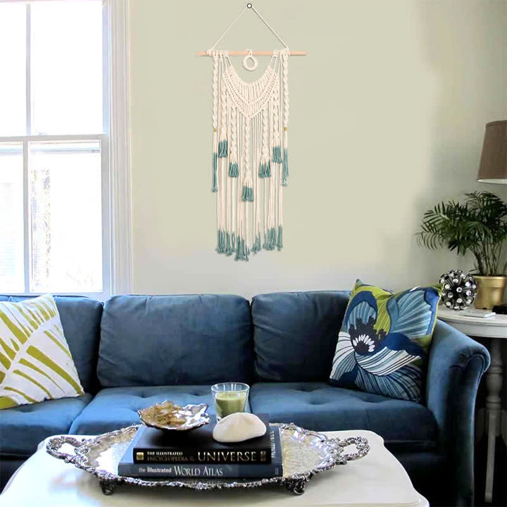 Tapisserie murale tissée en macramé vert et beige Olivenorma