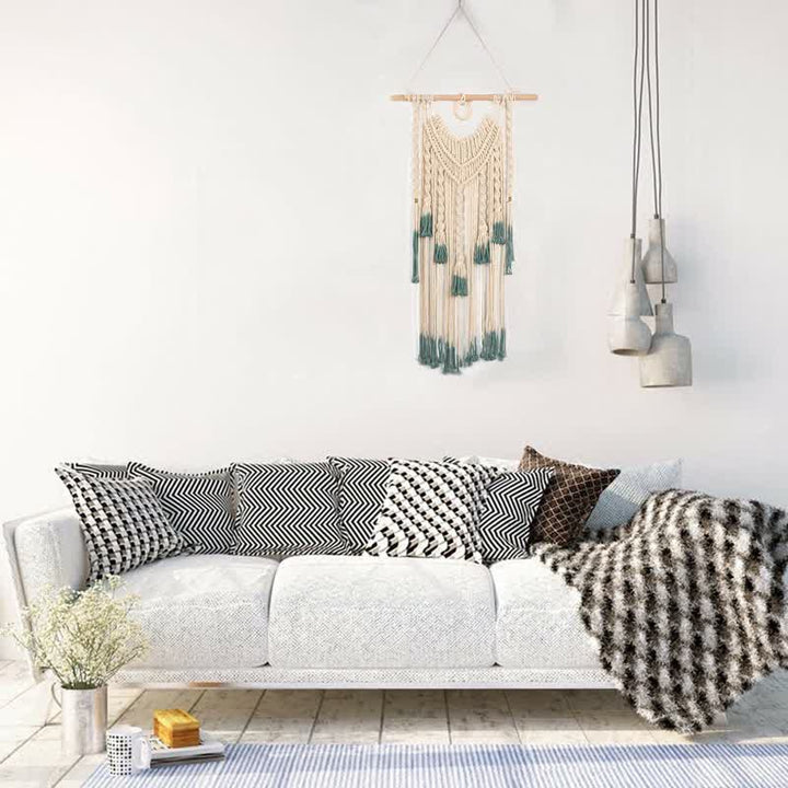 Tapisserie murale tissée en macramé vert et beige Olivenorma