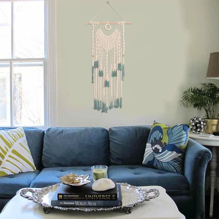 Tapisserie murale tissée en macramé vert et beige Olivenorma