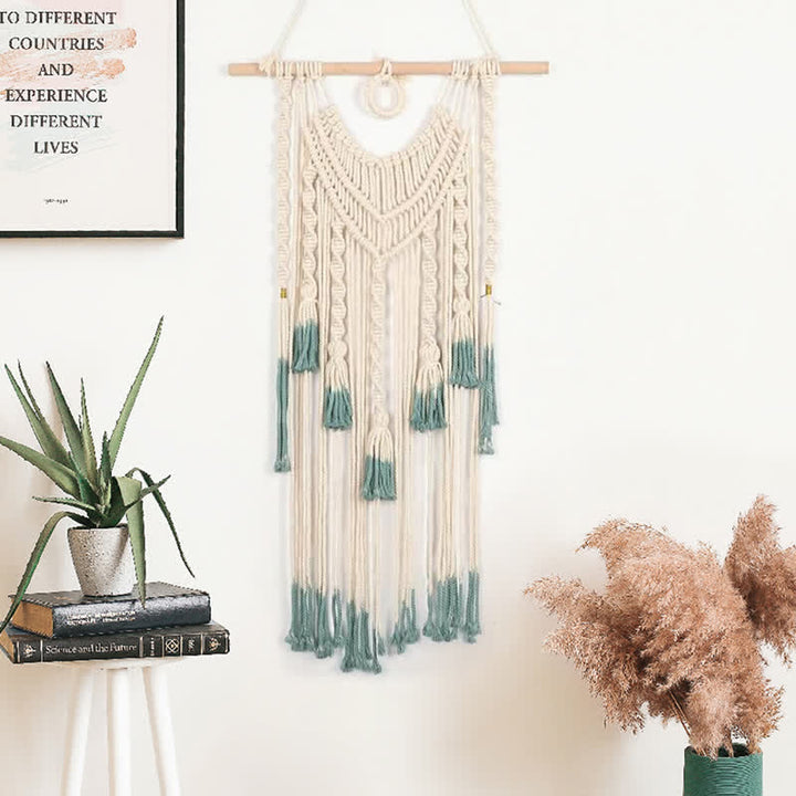 Tapisserie murale tissée en macramé vert et beige Olivenorma