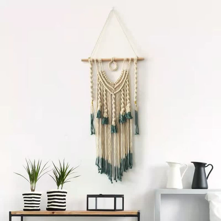 Tapisserie murale tissée en macramé vert et beige Olivenorma