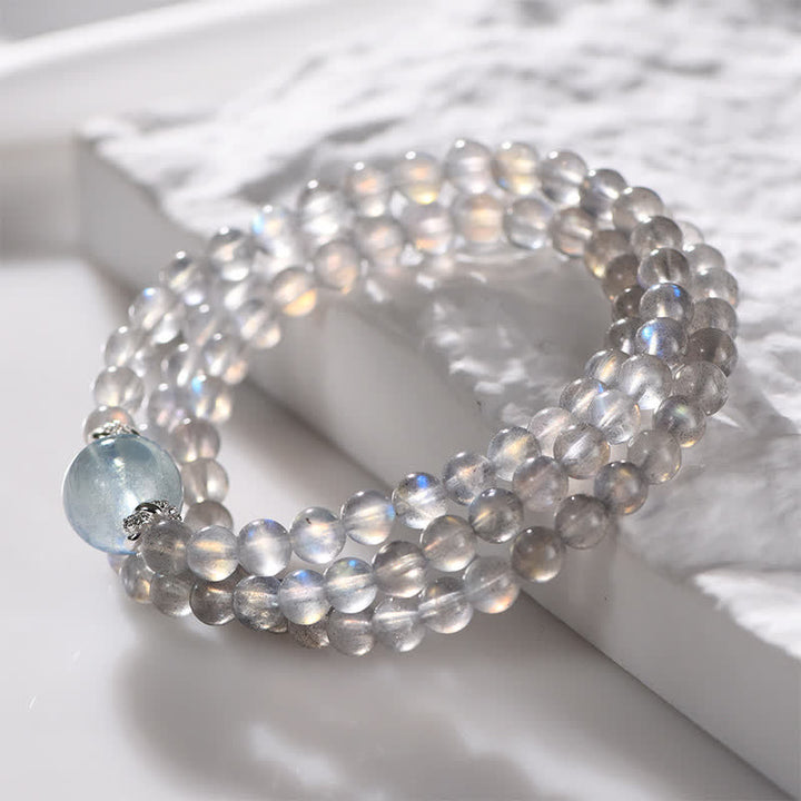 Bracelet multicouches en perles d'aigue-marine et pierre de lune Olivenorma 