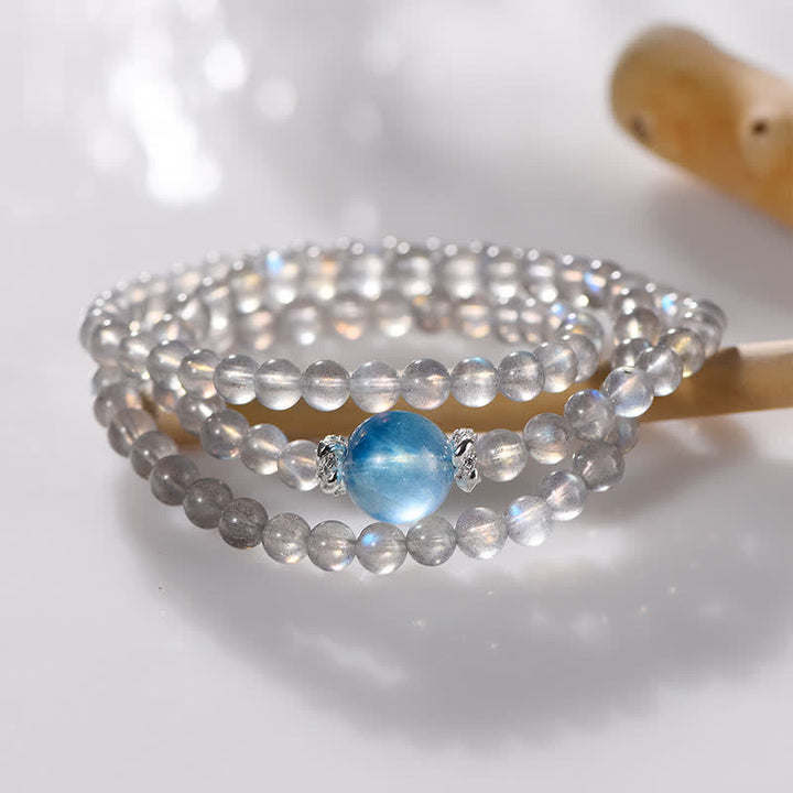 Bracelet multicouches en perles d'aigue-marine et pierre de lune Olivenorma 