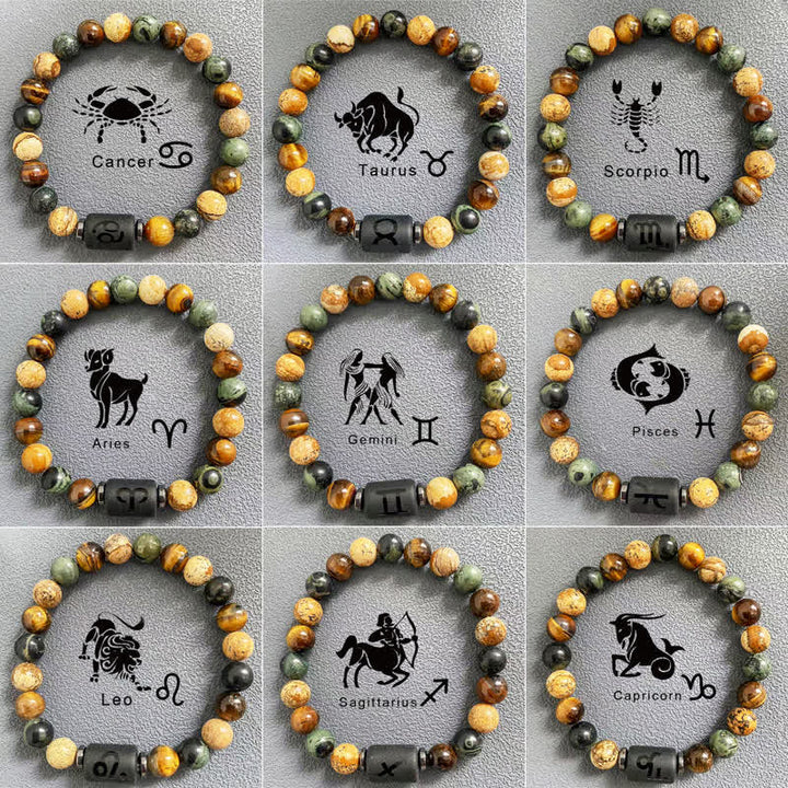 Bracelet de perles en jaspe avec image d'œil de tigre et 12 constellations du zodiaque Olivenorma 
