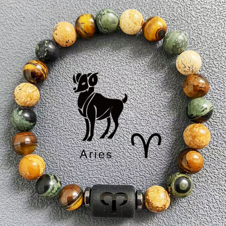 Bracelet de perles en jaspe avec image d'œil de tigre et 12 constellations du zodiaque Olivenorma 