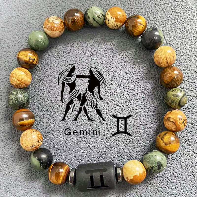 Bracelet de perles en jaspe avec image d'œil de tigre et 12 constellations du zodiaque Olivenorma 