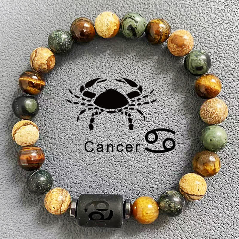 Bracelet de perles en jaspe avec image d'œil de tigre et 12 constellations du zodiaque Olivenorma 