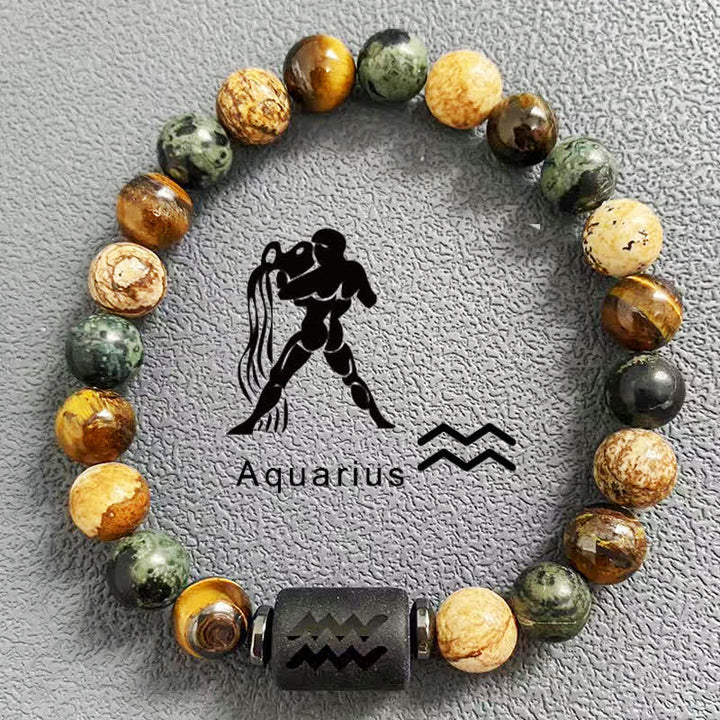 Bracelet de perles en jaspe avec image d'œil de tigre et 12 constellations du zodiaque Olivenorma 