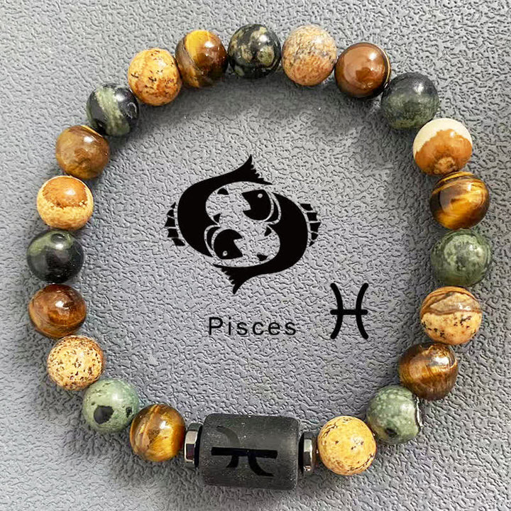 Bracelet de perles en jaspe avec image d'œil de tigre et 12 constellations du zodiaque Olivenorma 