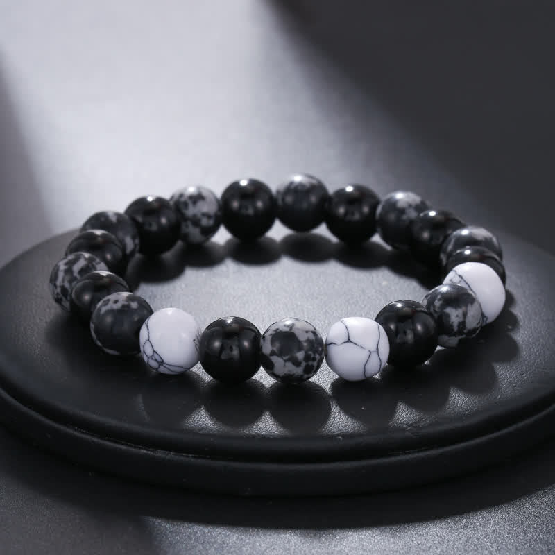 Bracelet Perles Obsidienne Flocon De Neige - Fait Main En France, Taille Personnalisée, Neuf Sans Emballage