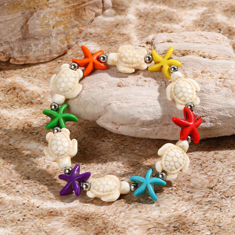 Bracelet de plage avec pendentif tortue étoile de mer turquoise blanche Olivenorma