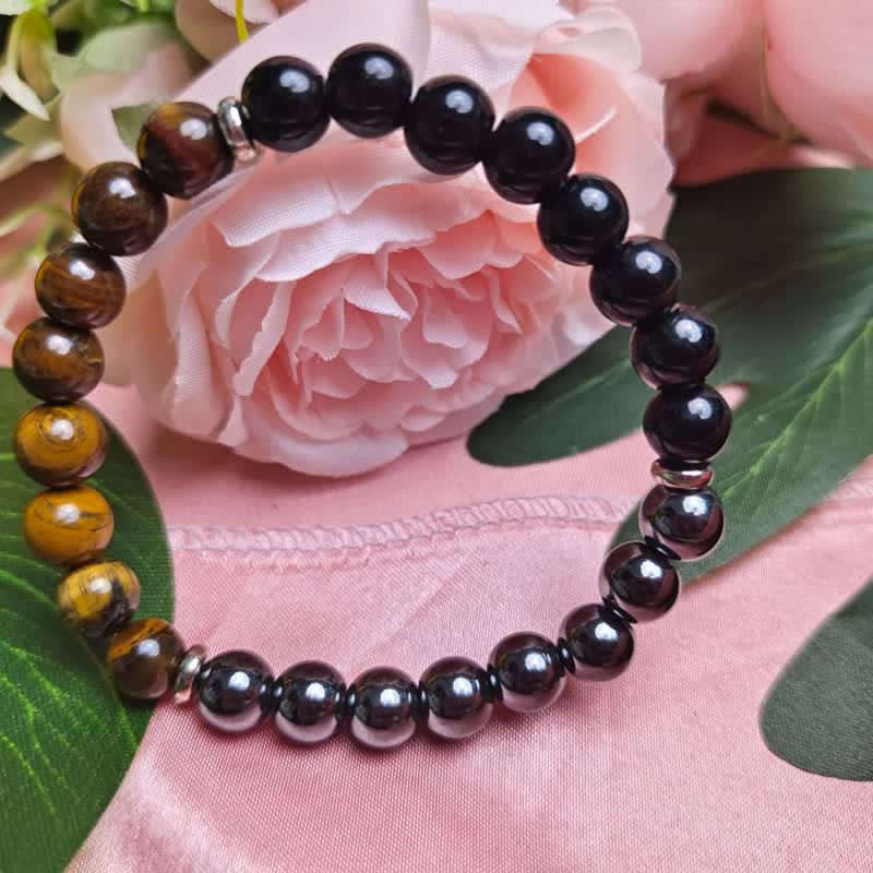 Bracelet Olivenorma "Protection" en perles d'onyx noir et hématite œil de tigre