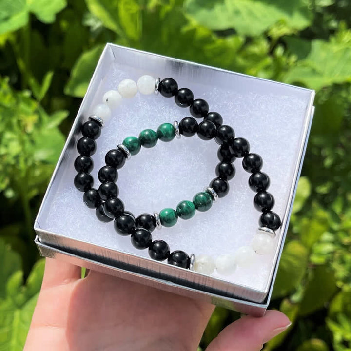Bracelet en perles de pierre de lune, obsidienne, malachite et pierre de Olivenorma