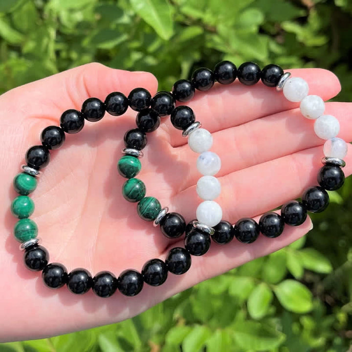 Bracelet en perles de pierre de lune, obsidienne, malachite et pierre de Olivenorma