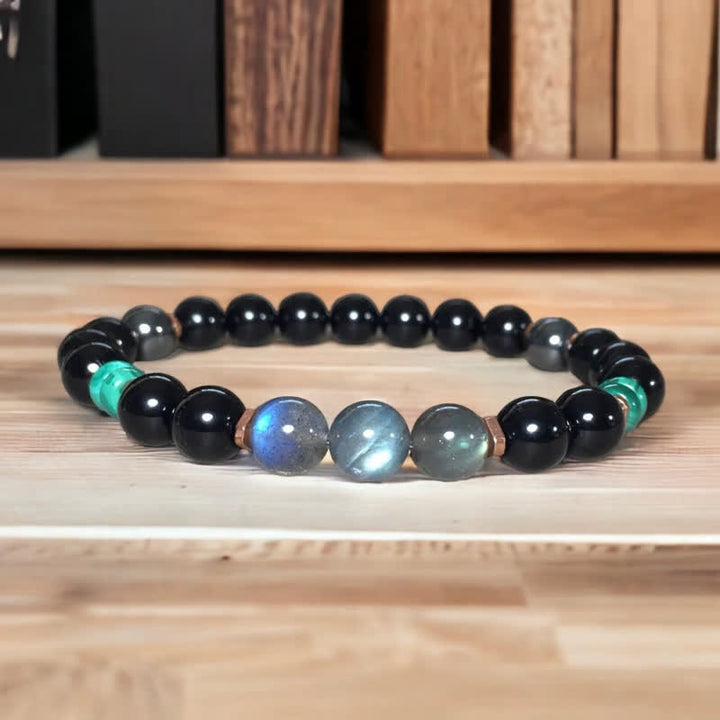 Bracelet Olivenorma en perles d'obsidienne, de labradorite et de turquoise de 8 mm