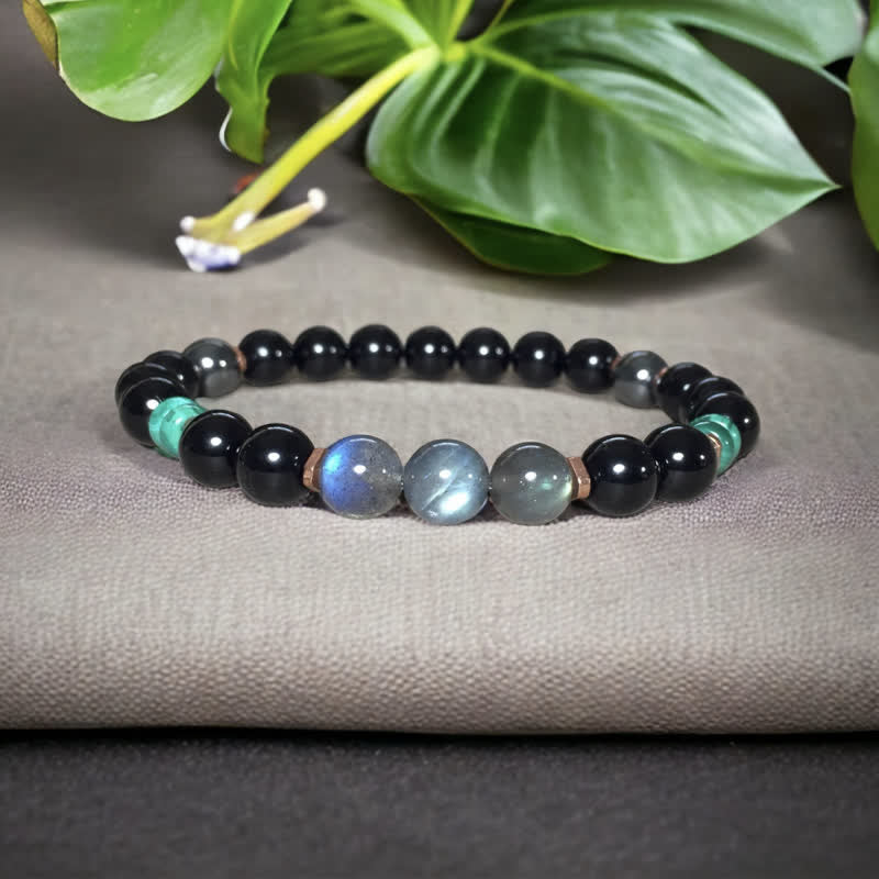 Bracelet Olivenorma en perles d'obsidienne, de labradorite et de turquoise de 8 mm
