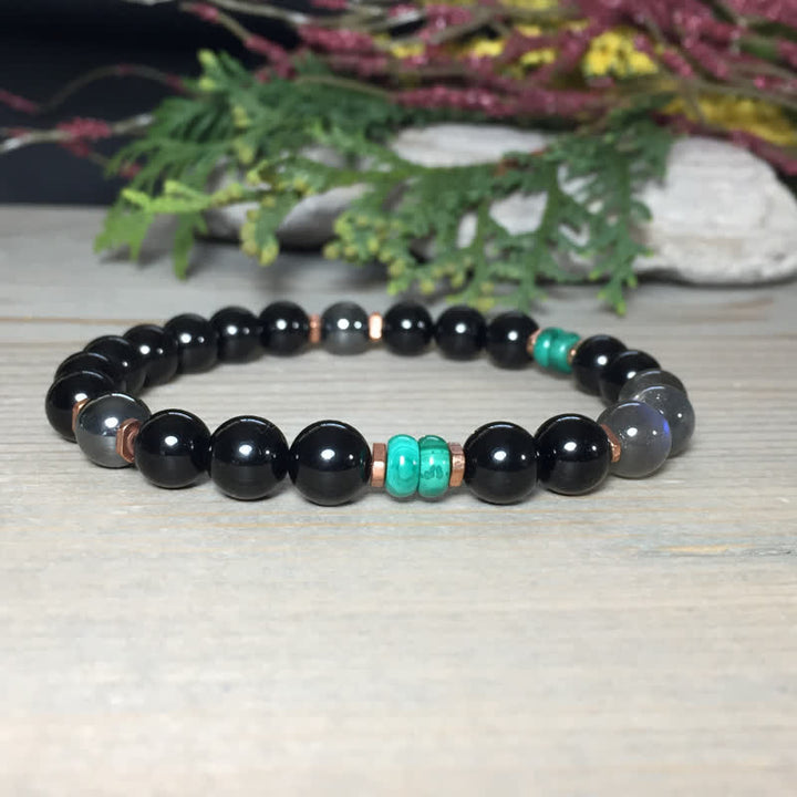 Bracelet Olivenorma en perles d'obsidienne, de labradorite et de turquoise de 8 mm