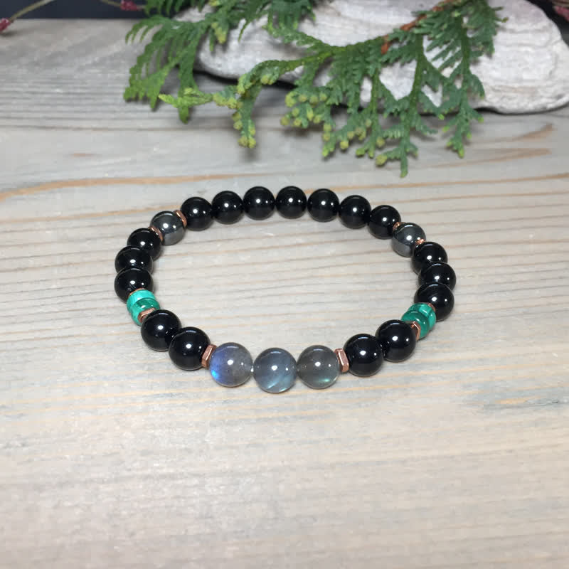 Bracelet Olivenorma en perles d'obsidienne, de labradorite et de turquoise de 8 mm