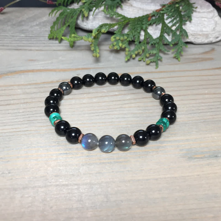 Bracelet Olivenorma en perles d'obsidienne, de labradorite et de turquoise de 8 mm
