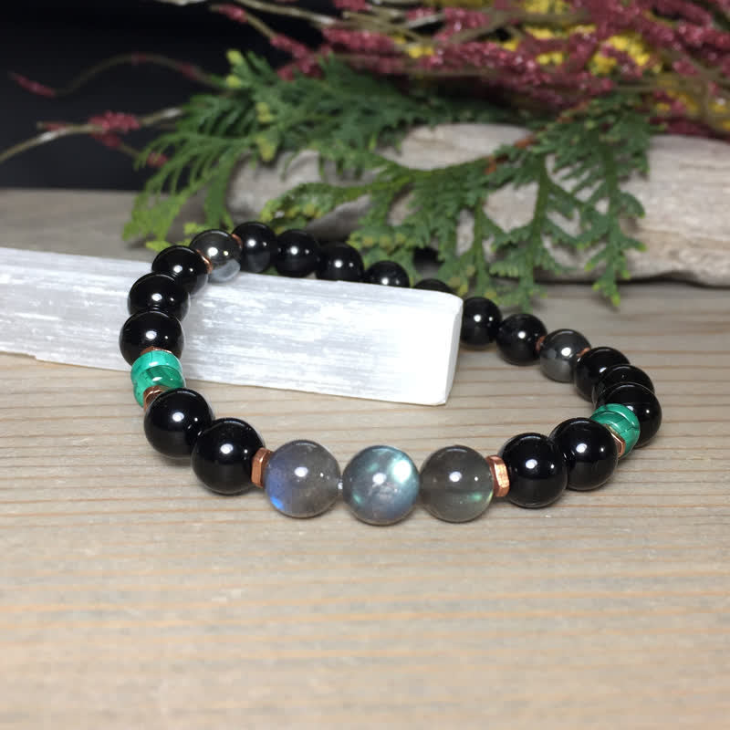 Bracelet Olivenorma en perles d'obsidienne, de labradorite et de turquoise de 8 mm