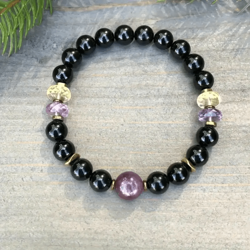 Bracelet en perles d'obsidienne et d'améthyste Olivenorma de 8 mm