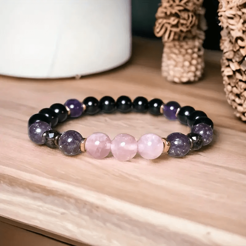 Bracelet Olivenorma en perles de quartz rose, obsidienne et améthyste de 8 mm 