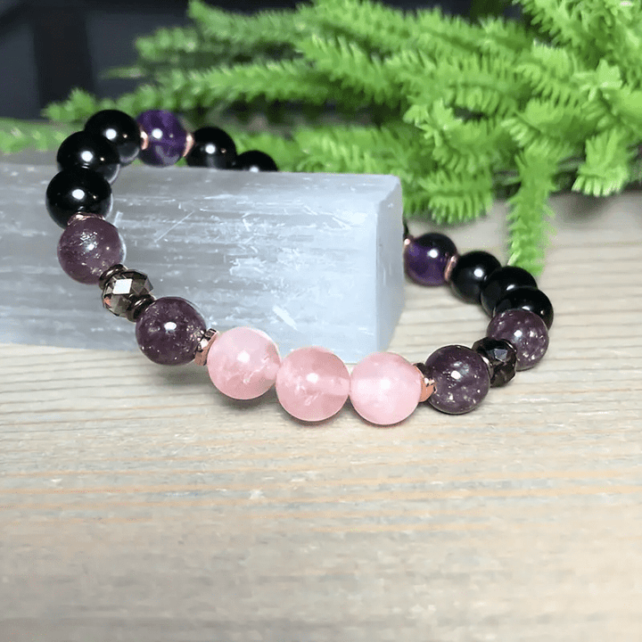 Bracelet Olivenorma en perles de quartz rose, obsidienne et améthyste de 8 mm 