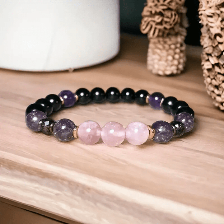 Bracelet Olivenorma en perles de quartz rose, obsidienne et améthyste de 8 mm - image 1