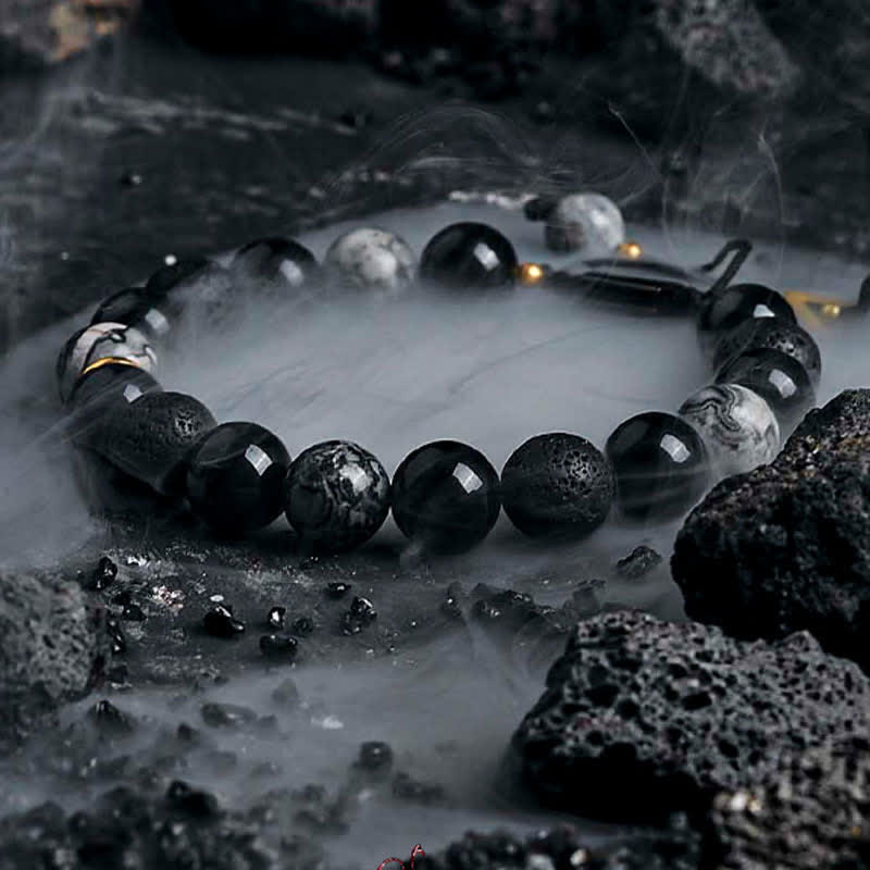 Bracelet de perles en obsidienne et labradorite naturelle Olivenorma « Cold Night » - Obsidienne, jaspe gris et pierre de lave - 18 cm - image 7