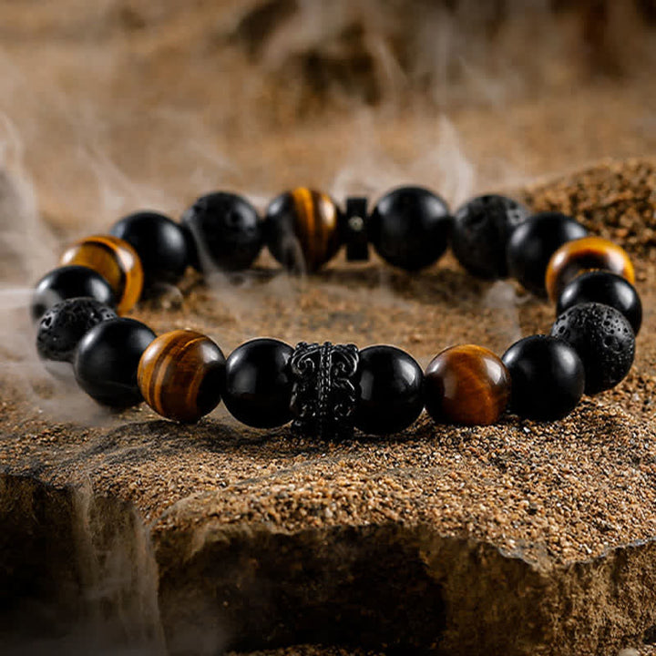 Bracelet en perles de cristal naturel « Lord Black Warrior » Olivenorma - Obsidienne, œil de tigre et pierre de lave - 19 cm - image 13