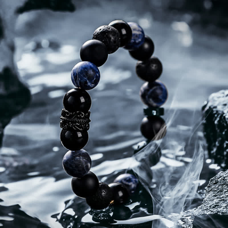 Bracelet en perles de cristal naturel « Lord Black Warrior » Olivenorma - Obsidienne, sodalite et pierre de lave - 19 cm - image 6