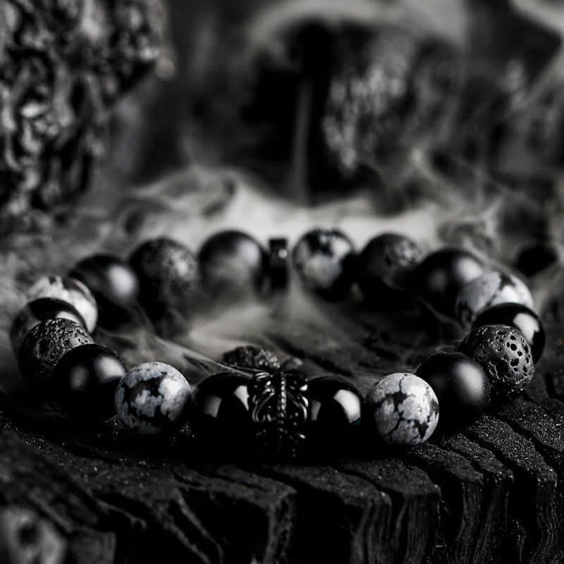 Bracelet en perles de cristal naturel « Lord Black Warrior » Olivenorma - Obsidienne et obsidienne flocon de neige et pierre de lave - 19 cm - image 0