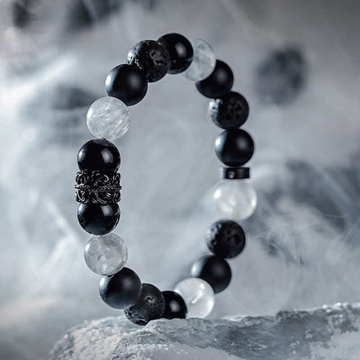 Bracelet en perles de cristal naturel « Lord Black Warrior » Olivenorma - Obsidienne, cristal clair et pierre de lave - 19 cm - image 4