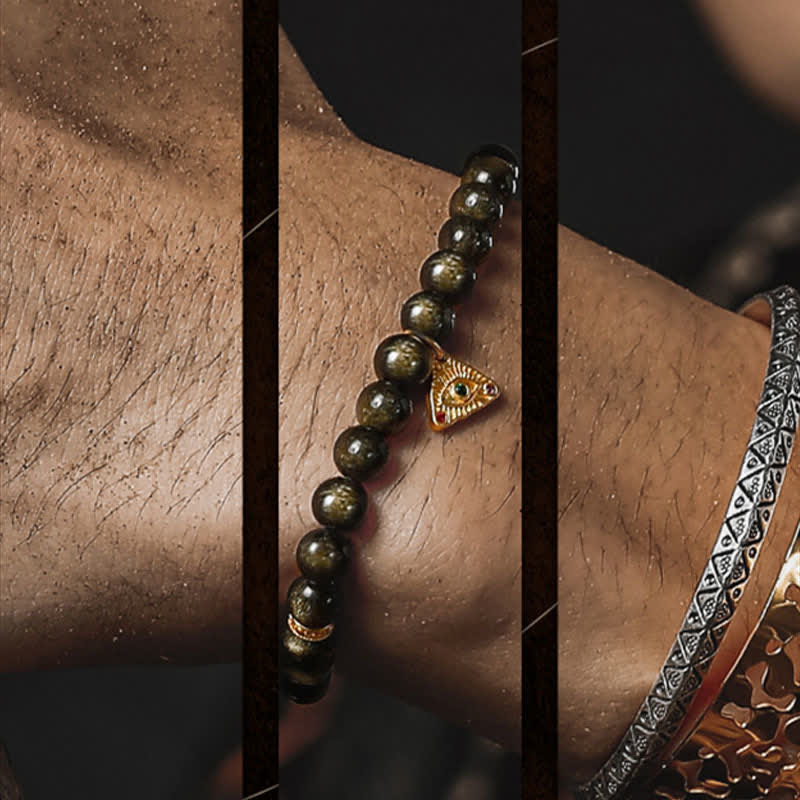 Bracelet en perles d'obsidienne dorée naturelle Olivenorma « Evil Eye » - image 3