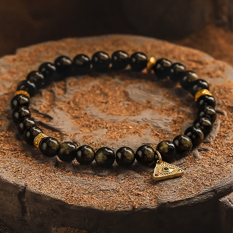 Bracelet en perles d'obsidienne dorée naturelle Olivenorma « Evil Eye » - image 5