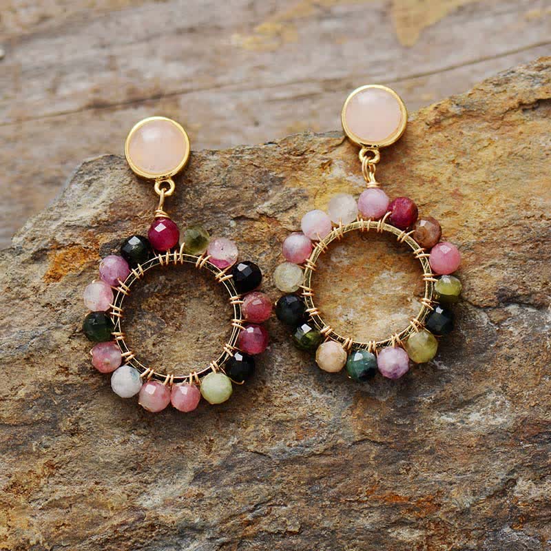 Boucles d'oreilles pendantes en quartz rose et tourmaline naturelle Olivenorma