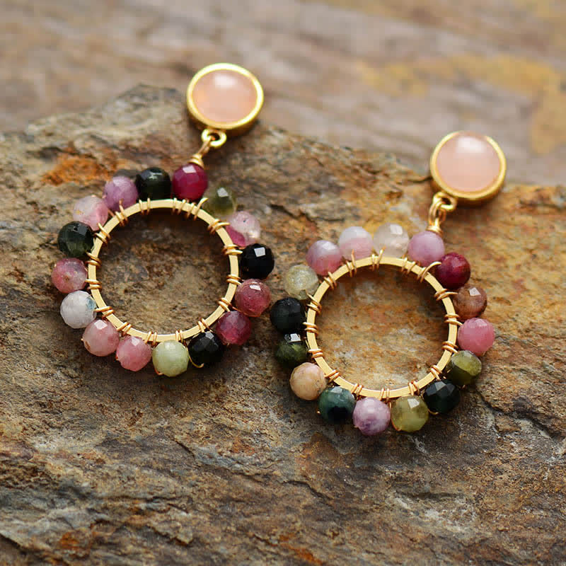 Boucles d'oreilles pendantes en quartz rose et tourmaline naturelle Olivenorma