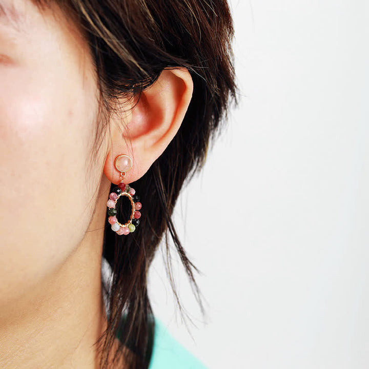Boucles d'oreilles pendantes en quartz rose et tourmaline naturelle Olivenorma