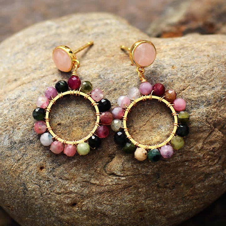 Boucles d'oreilles pendantes en quartz rose et tourmaline naturelle Olivenorma