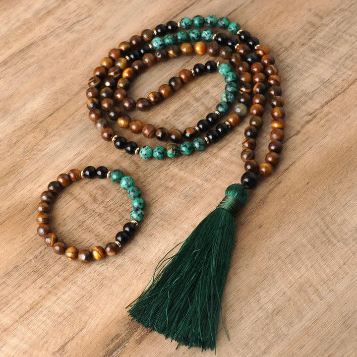 Collier et bracelet à pampilles Olivenorma avec 108 perles en œil de tigre