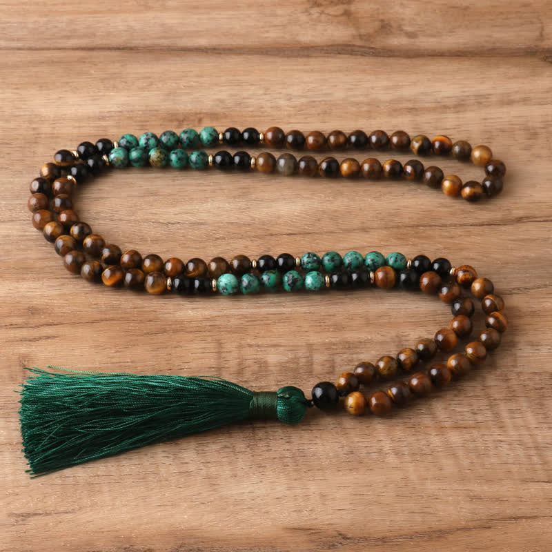 Collier et bracelet à pampilles Olivenorma avec 108 perles en œil de tigre