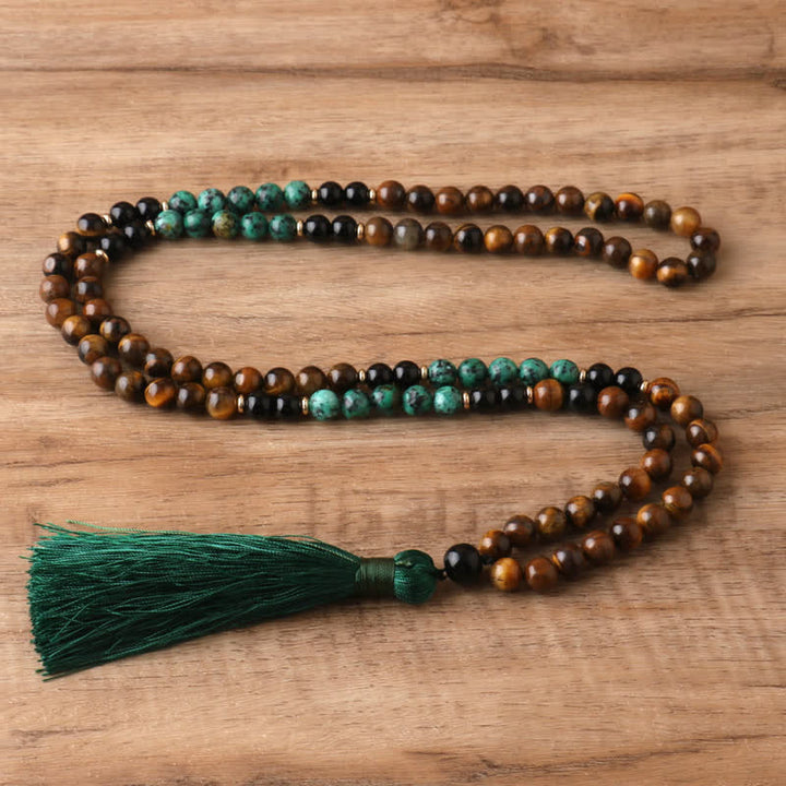 Collier et bracelet à pampilles Olivenorma avec 108 perles en œil de tigre