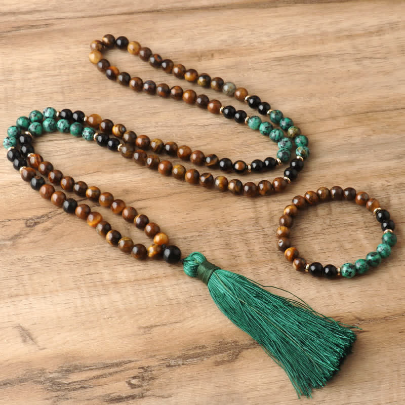 Collier et bracelet à pampilles Olivenorma avec 108 perles en œil de tigre