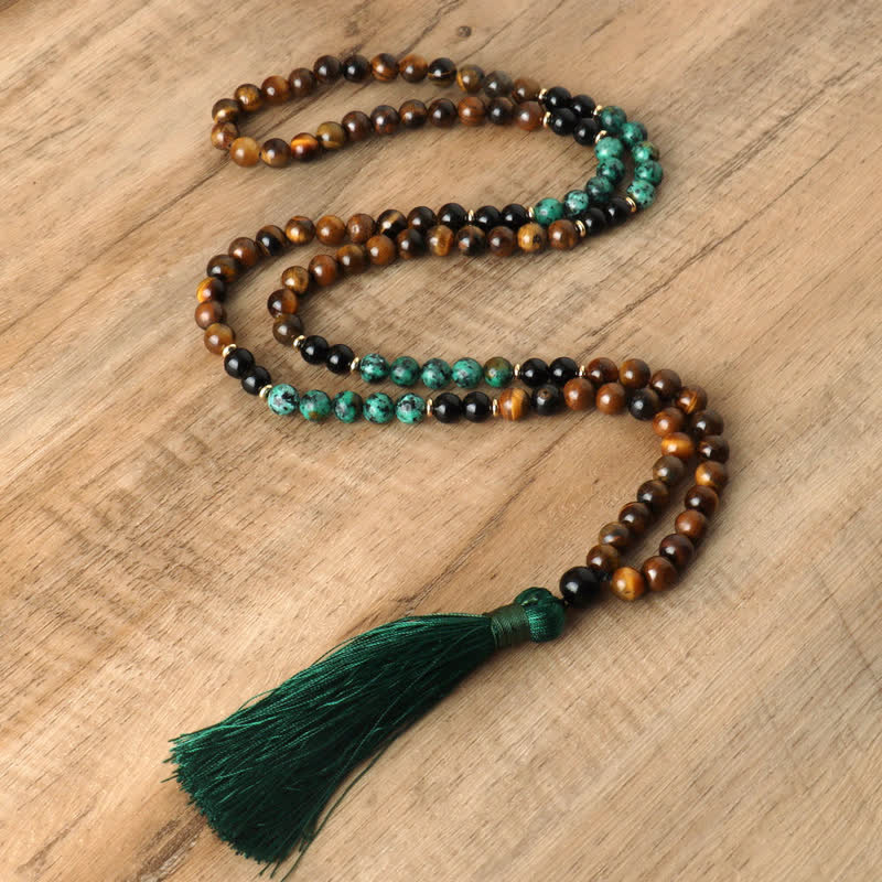 Collier et bracelet à pampilles Olivenorma avec 108 perles en œil de tigre