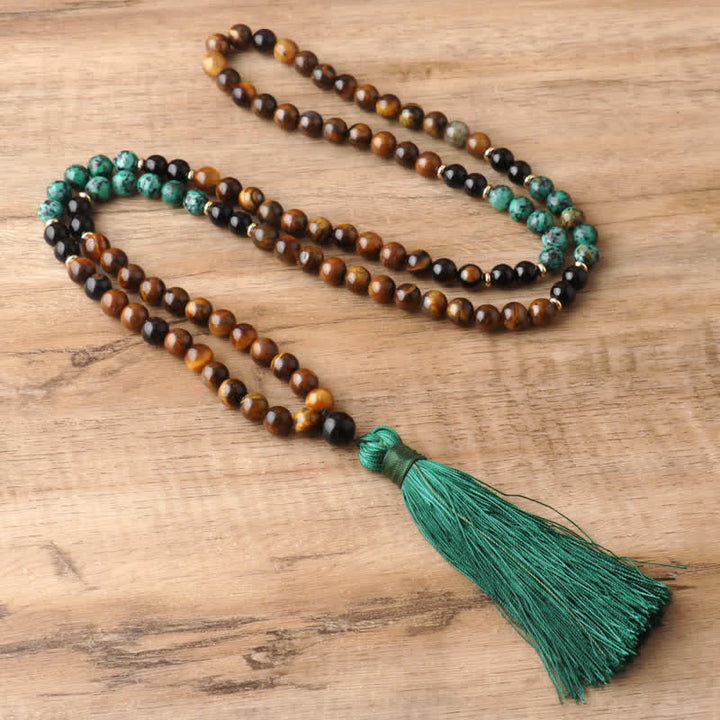Collier et bracelet à pampilles Olivenorma avec 108 perles en œil de tigre