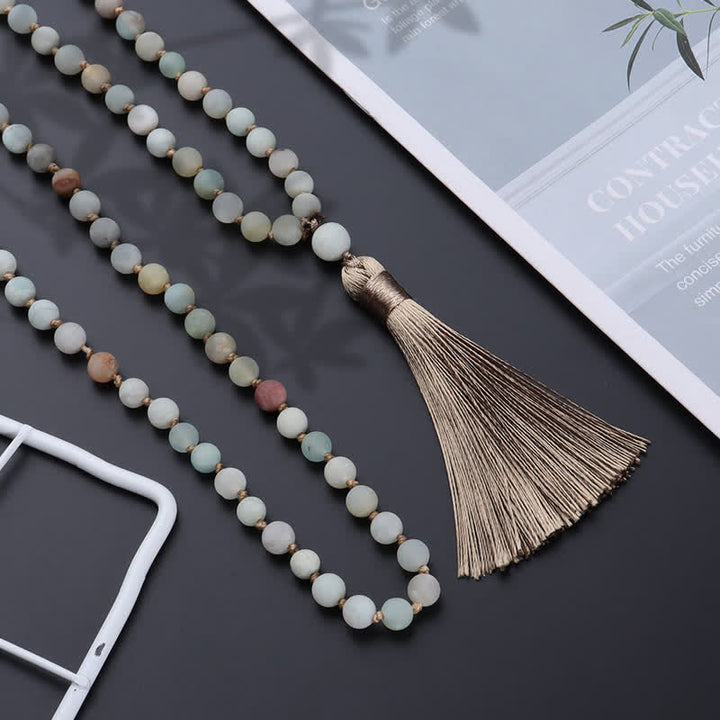 Collier avec pendentif à pampilles en 108 perles d'amazonite de Mala Olivenorma 