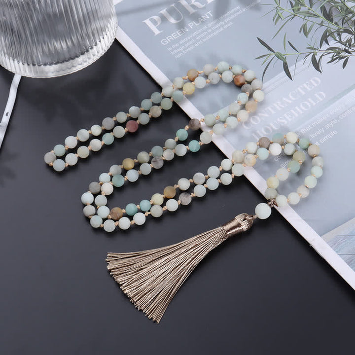 Collier avec pendentif à pampilles en 108 perles d'amazonite de Mala Olivenorma 